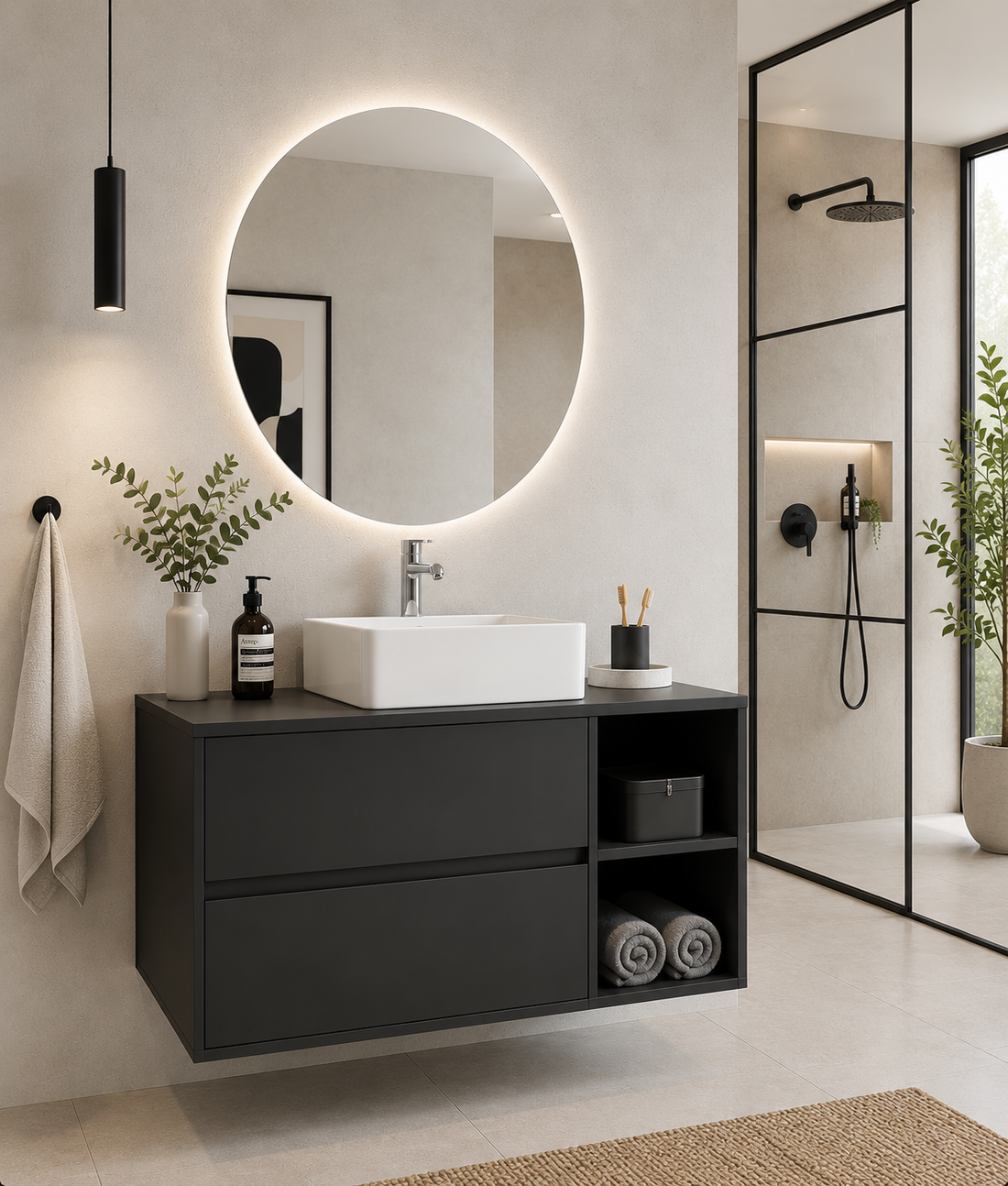 Meuble de salle de bain ZEUS avec plan de toilette en bois et vasque à poser