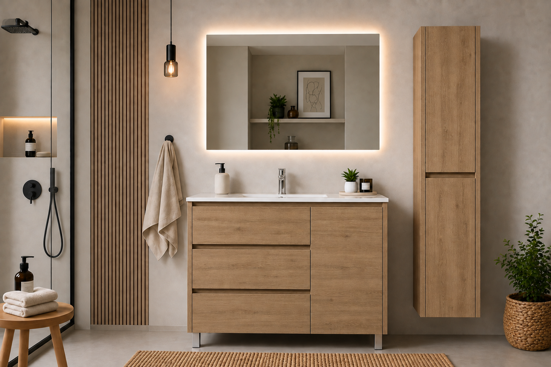 Ensemble de meuble de salle de bains VOLUM avec lavabo + miroir LED + colonne 140 cm + mitigeur – Estepa – 80/100/120 cm
