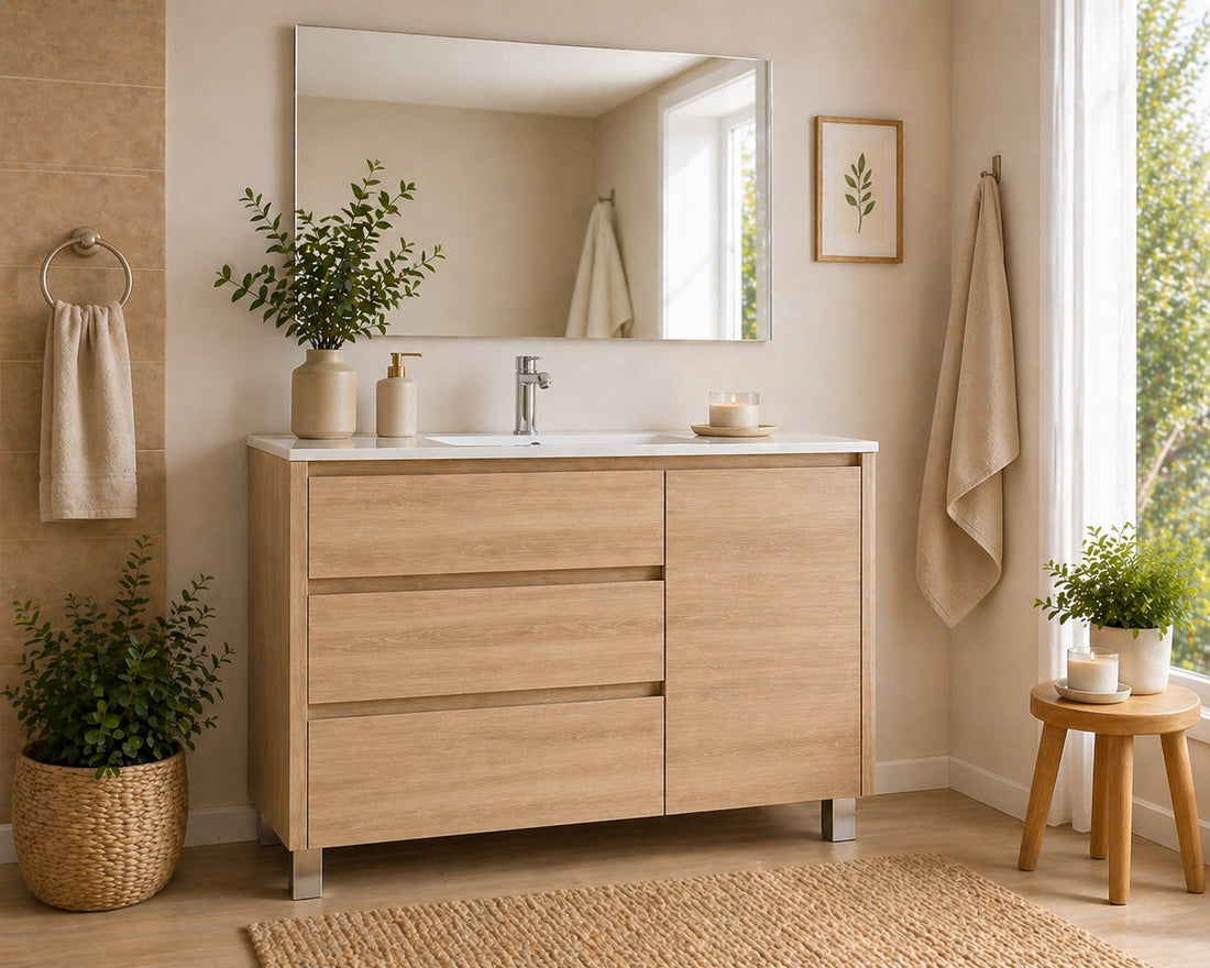Meuble de salle de bain avec VOLUM comprenant 3 tiroirs, une porte et un lavabo