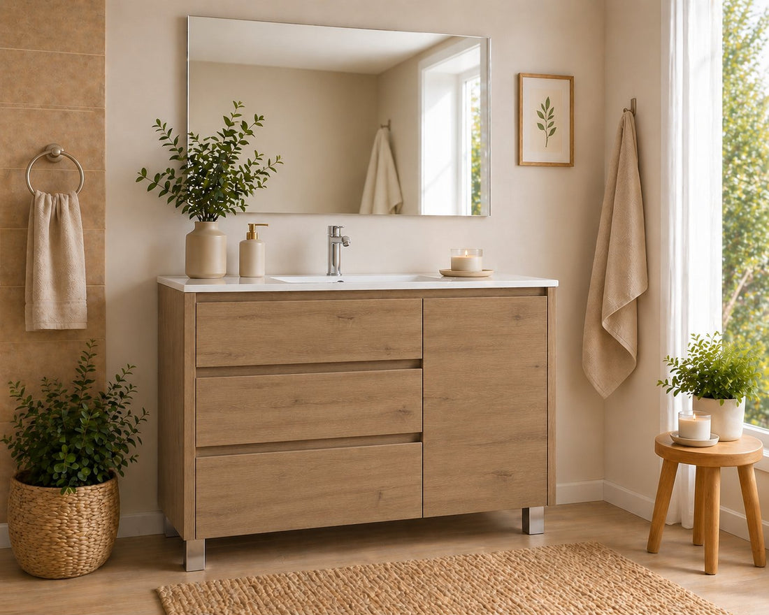 Meuble de salle de bain avec VOLUM comprenant 3 tiroirs, une porte et un lavabo
