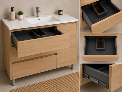 Ensemble de meuble de salle de bains VOLUM avec lavabo + miroir LED + colonne 140 cm + mitigeur – Estepa – 80/100/120 cm