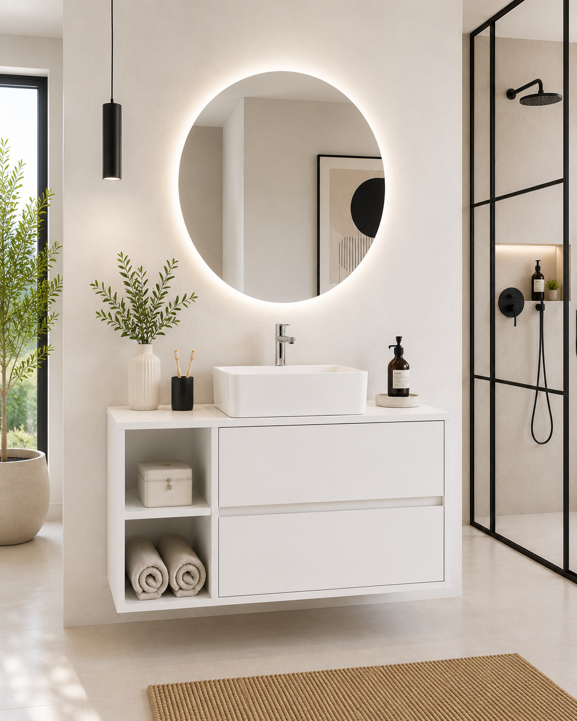 Meuble de salle de bain ZEUS avec plan de toilette en bois et vasque à poser