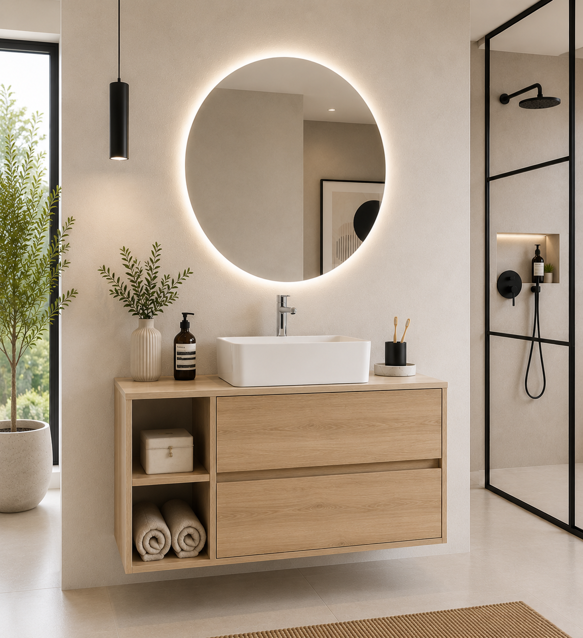Meuble de salle de bain ZEUS avec plan de toilette en bois et vasque à poser