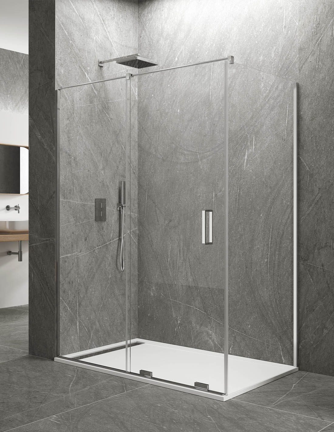 Paroi de douche d'angle 1+1 avec panneau fixe KERES, sans profilé inférieur ni supérieur. Verre de 8mm