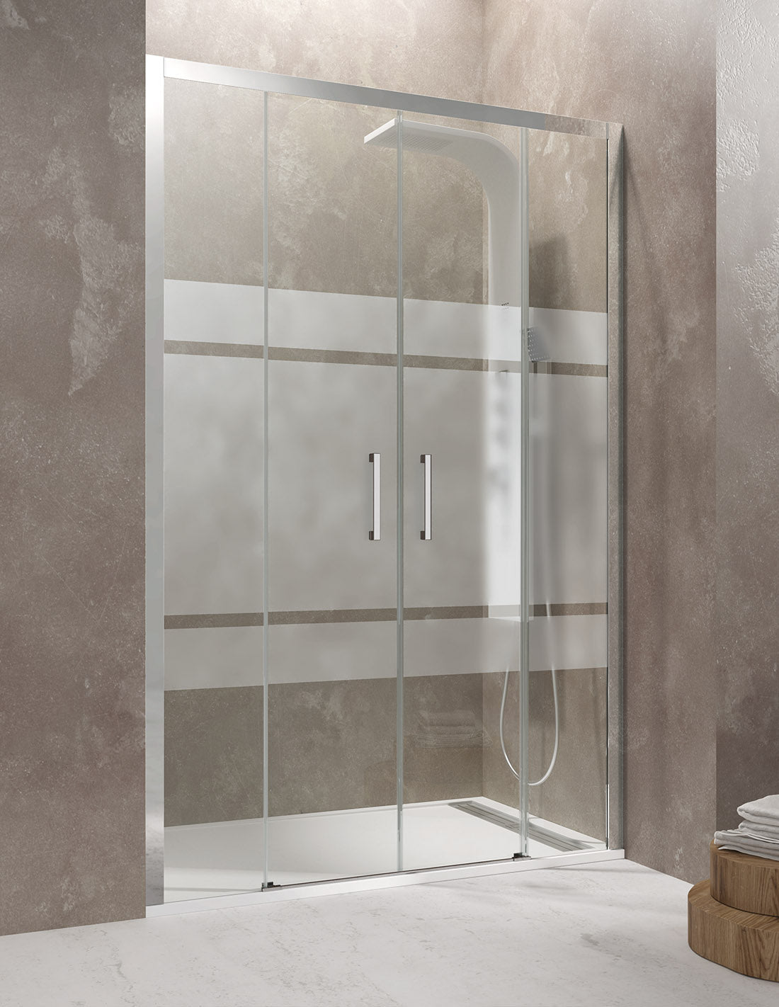 Paroi de douche frontale CEOS 2+2 sans profilé bas, disponible en verre transparent ou sérigraphié