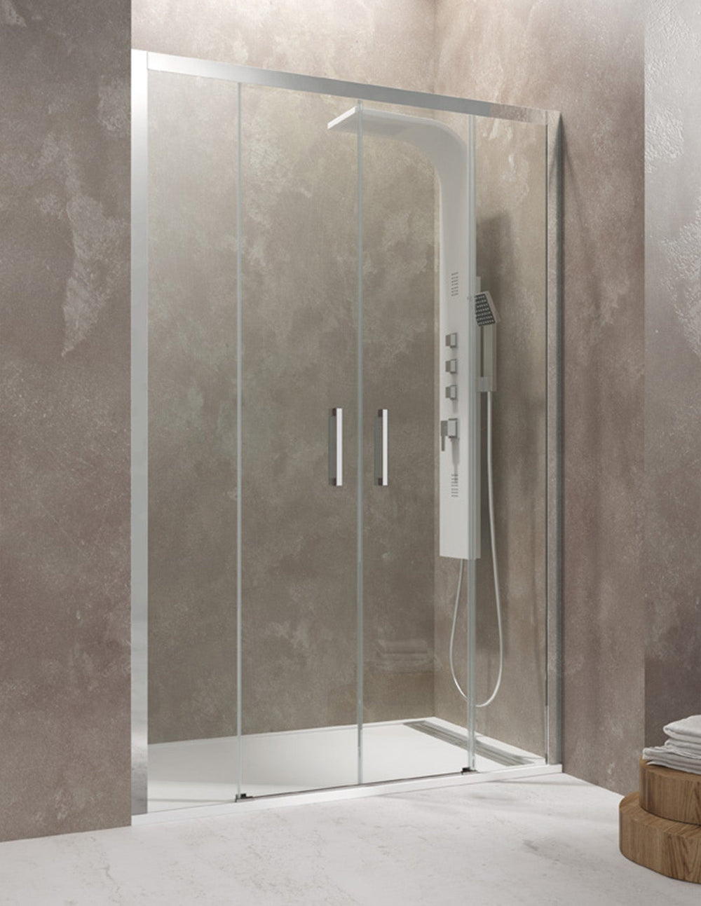 Paroi de douche frontale CEOS 2+2 sans profilé bas, disponible en verre transparent ou sérigraphié