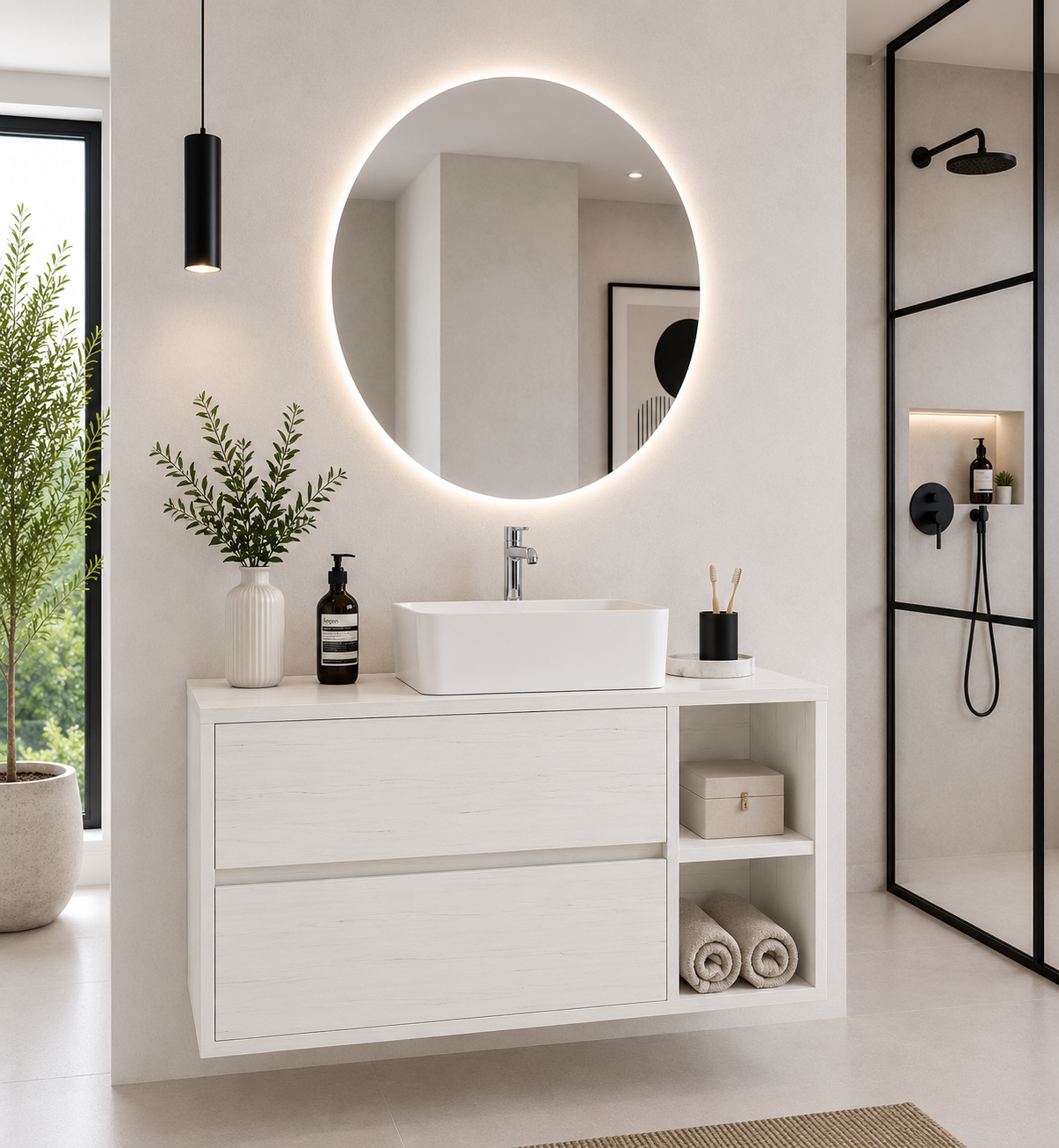 Meuble de salle de bain ZEUS avec plan de toilette en bois et vasque à poser