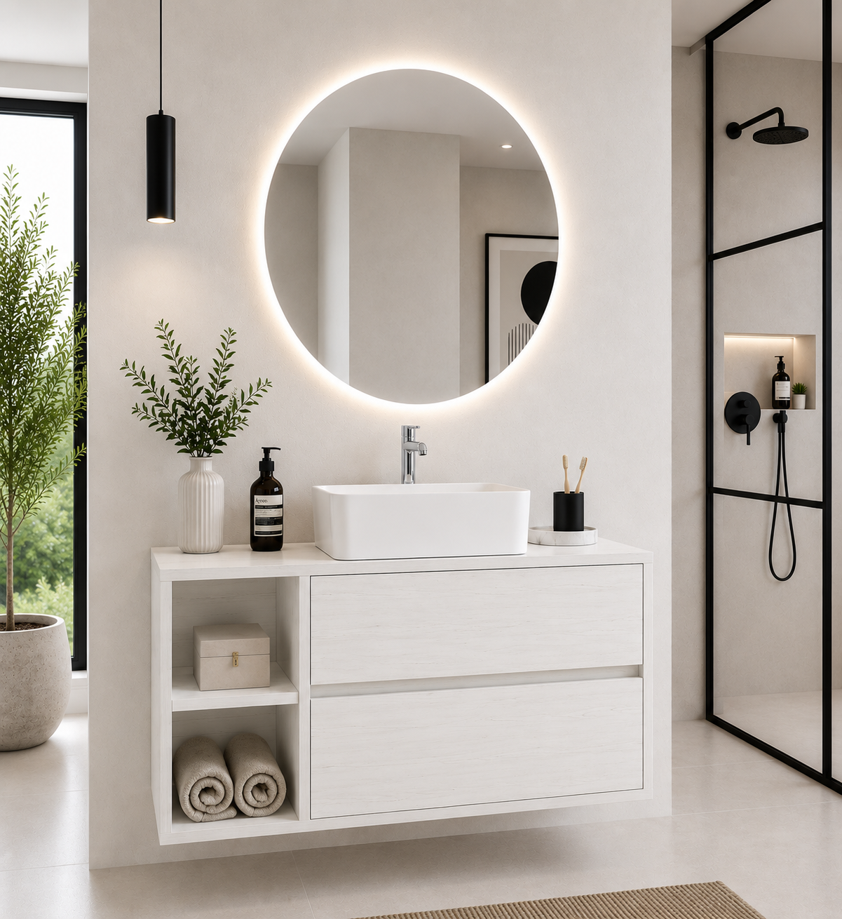 Meuble de salle de bain ZEUS avec plan de toilette en bois et vasque à poser