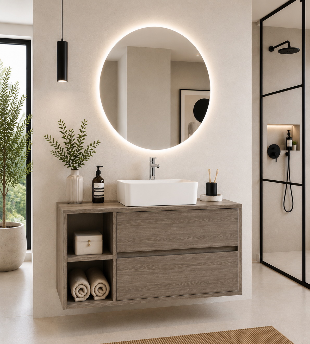 Meuble de salle de bain ZEUS avec plan de toilette en bois et vasque à poser