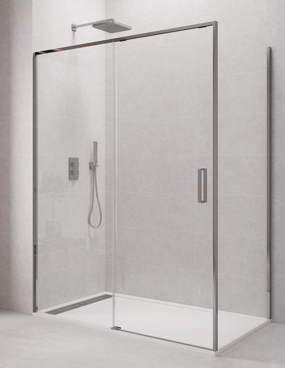 Paroi de douche d'angle 1+1 avec côté fixe CETUS sans profilé inférieur en Chrome ou Noir.