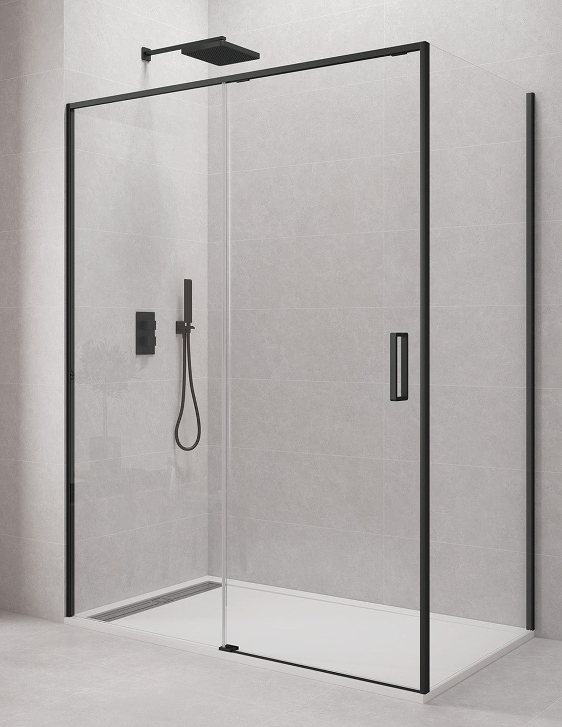 Paroi de douche d'angle 1+1 avec côté fixe CETUS sans profilé inférieur en Chrome ou Noir.
