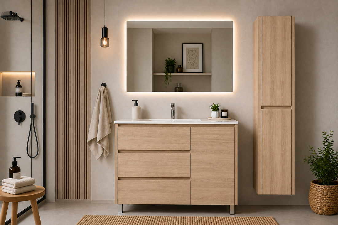 Ensemble de meuble de salle de bains VOLUM avec lavabo + miroir LED + colonne 140 cm + mitigeur – Estepa – 80/100/120 cm