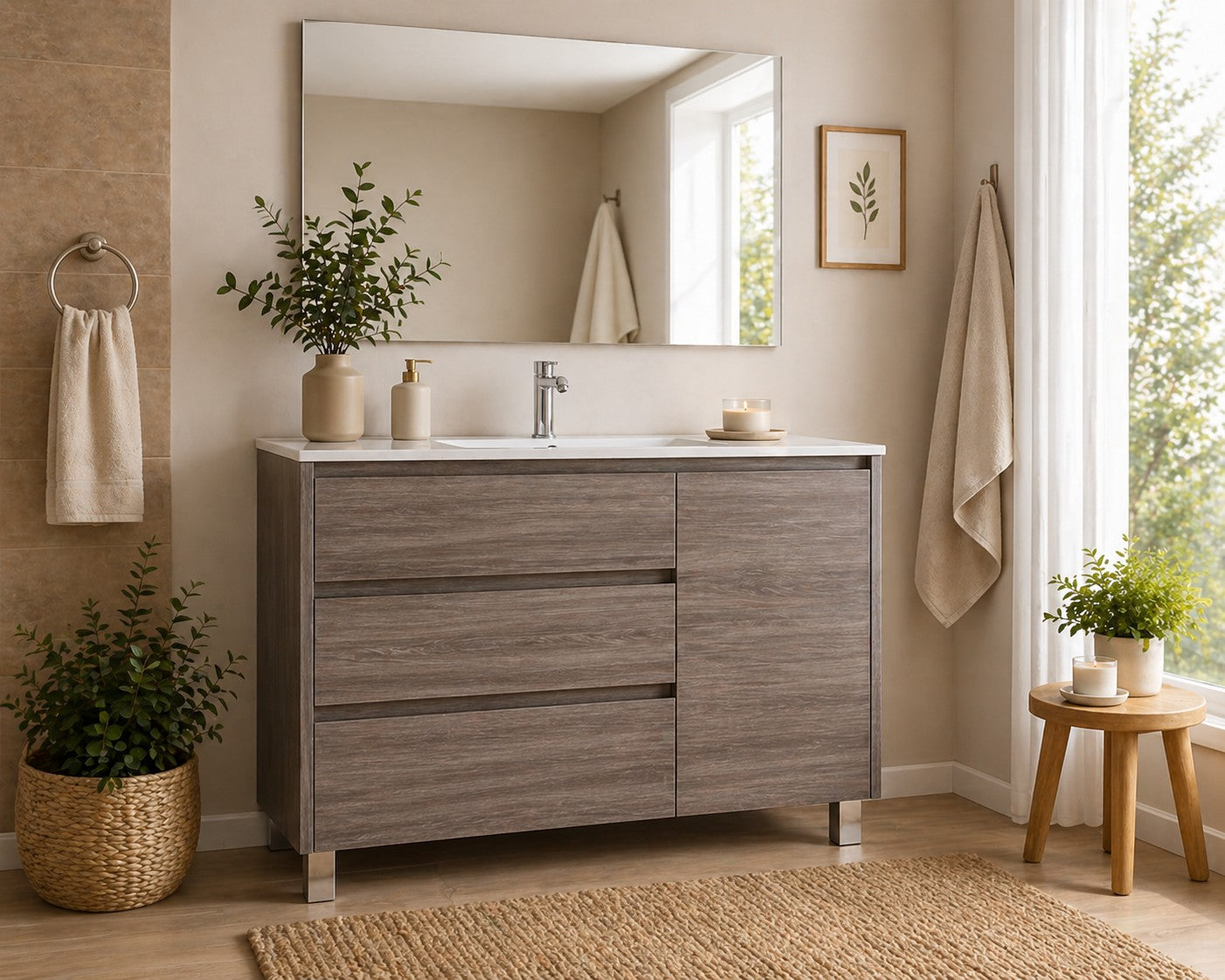 Meuble de salle de bain avec VOLUM comprenant 3 tiroirs, une porte et un lavabo
