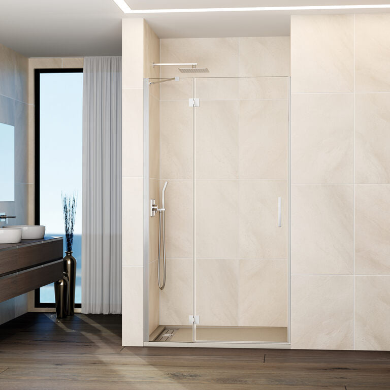 Paroi frontale fixe rabattable + porte avec fermeture magnétique GLASS