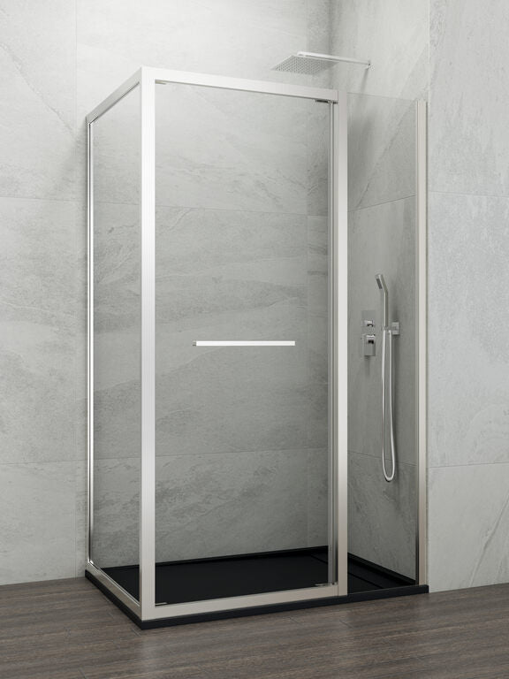 Paroi de douche d'angle porte battante + partie fixe + panneau latéral fixe SPAZIO